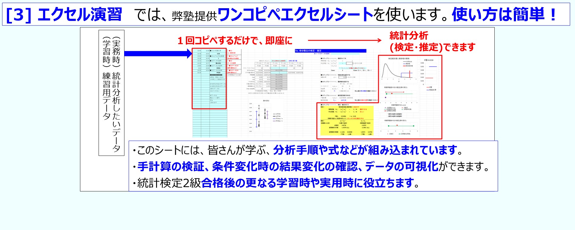エクセル演習　では、弊塾提供ワンコピペエクセルシートを使います。使い方は簡単！